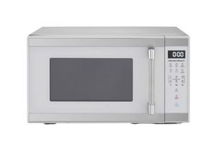 lot 35045 image: Hamilton Beach 1.1 Cu. ft. Countertop Microwave Oven, 1000 Watts, White Stainless Steel (Cosmetic Damage) - Retail $90