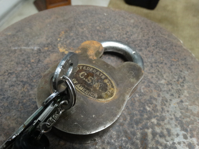 lot 11458 image: Antique looking large padlock W keys- Stamped Confederate States Of America