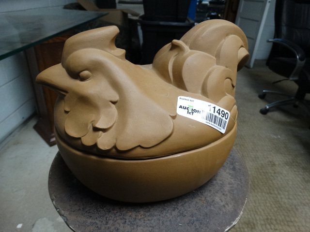 lot 11490 image: Stoneware chicken pot w lid- Signed by artist
