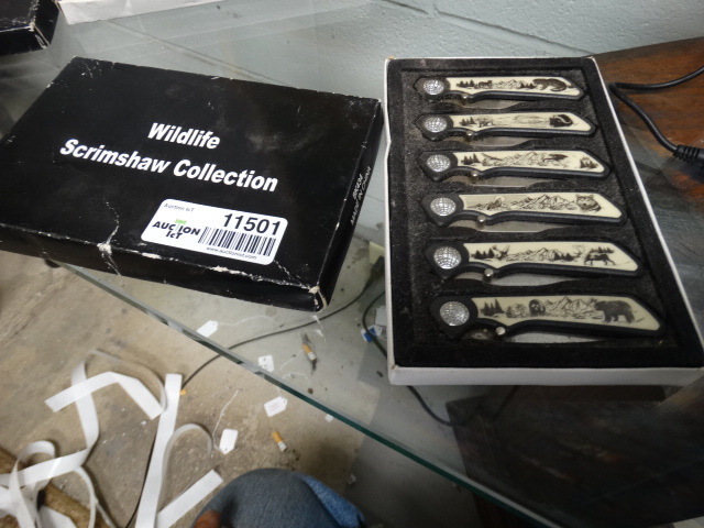 lot 11501 image: Wildlife scrimshaw collection 6 knife set in box