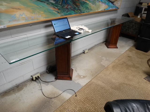 lot 11533 image: Beautiful Very High End thick glass 130 x 20 buffet table side table w 2 wooden pillars