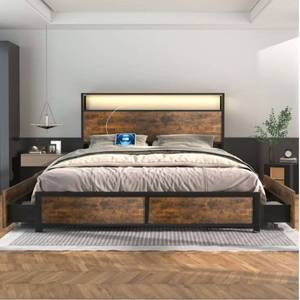lot 15677 image: LED Full Bed Frame with Storage Headboard Industrial Metal Platform Bed with Power Charging Station & USB Ports (Size Full) - Retail $189