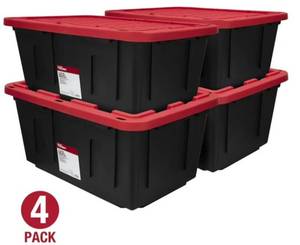 lot 15690 image: (Pack of 4) Hyper Tough 27 Gallon Large Storage Bin with Snap Lid, Black and Red, Heavy Duty Plastic Storage Container