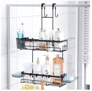 lot 15702 image: Over The Door Shower Caddy Hanging Stainless Steel Bathroom Organizer, No Drilling Shower Shelves with 2 Soap Holder, 1 Brush Holder, 4 Hooks - Chrome