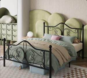 lot 33285 image: Queen Size Bed Frame, Metal Platform Bed with Parisian Style Headboard and Footboard (UNKNOWN IF ALL PARTS ARE PRESENT)