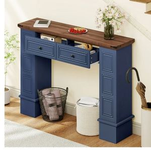 lot 33288 image: DEXTRUS Rustic Console Table with Storage Drawers, MDF Entryway Living Room Table, Blue (UNKNOWN IF ALL PARTS ARE PRESENT,) - Retail $131