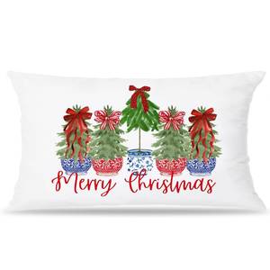 lot 34426 image: LUKIPOM Chinoiserie Christmas Pillow Covers 20x12, Coquette Red Bow Chinoiserie Grandmillennial Christmas Tree Decor Pillow Covers