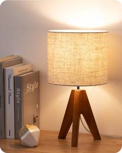 lot 34450 image: Tripod Table Lamp, Small Cute Bedside Lamp with Linen Beige Lampshade, Nightstand Lamp for Nursery, Bedroom, Kid Room, Living Room, Light Brown Wooden Base, E26 Socket, 14.2 Inch