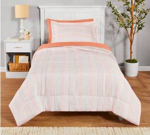 lot 34464 image: Mainstays All in One Reversible Comforter and Sheet Set- 5 Piece, Twin, Orange Stripe