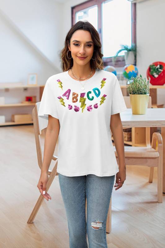 lot 7222 image: Teacher T-Shirt Sequin Funny Apple Graphic Teacher T-Shirt Retro Teaching Life Gifts Tees Tops White 2XL