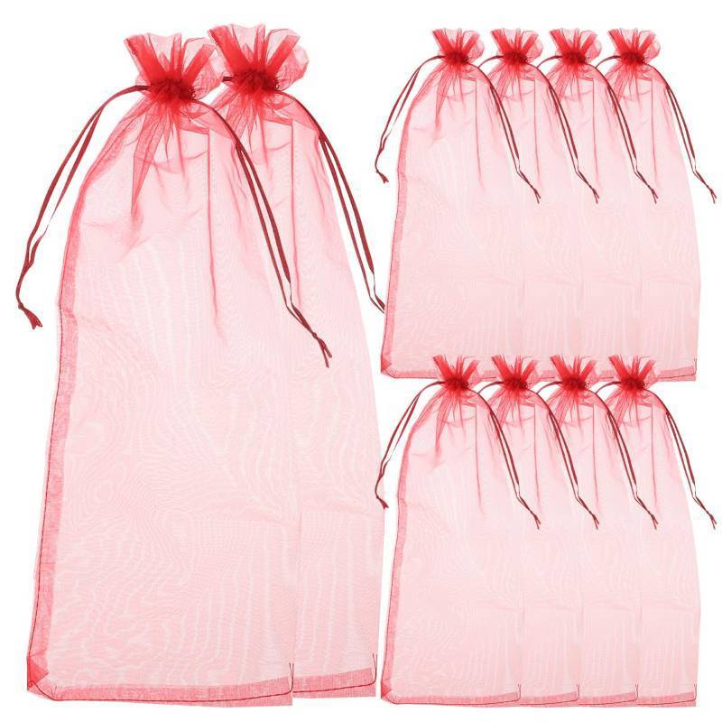 lot 32293 image: 10pcs Sheer Wine Bag, Mesh Organza Wine Bottle Cover Dresses Wrap Christmas Bags with Drawstring (Dark Red)