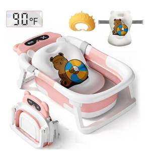 lot 15707 image: TOPCHANCES Collapsible Baby Bathtub with Thermometer, Newborn Shower Tub with Baby Tub Cushion & Bath Cap, Portable Baby Folding Bathtub for 0-12 Month Newborn, Pink