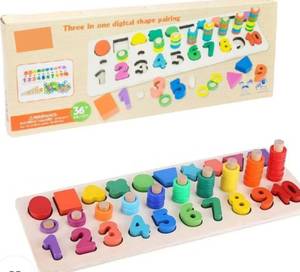 lot 15718 image: 3-In-One Wooden Number Counting and Shape Sorting Educational Board Ages 36