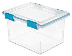 lot 15719 image: Sterilite Small Storage Bin Clear Plastic Storage Container with Gasket Lid, Blue 32 Quart
