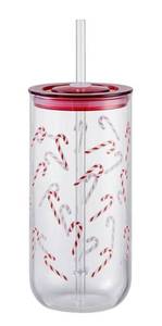 lot 33305 image: Candy Can Sipper Glass with Lid 20 OZ Holiday Time 12 Pack