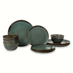 lot 33309 image: Yellowstone Dutton 12-Piece Reactive Ceramic Dinnerware Set MULTIPLE PLATES CHIPPED, - Retail $60