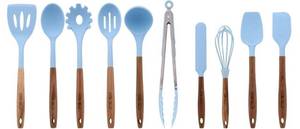 lot 33314 image: 10-Piece Silicone and Acacia Wood Handle Cooking Utensils Set, Blue