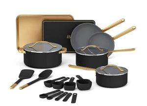 lot 33317 image: Beautiful 21-Piece Ceramic Nonstick Cookware Set with Pots and Pans, Bakeware, and Kitchen Tools, Black Sesame by Drew Barrymore