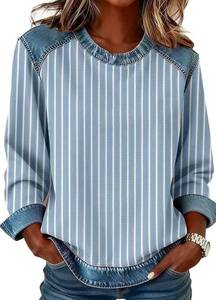 lot 34507 image: Womens Striped Long Sleeve Tops Denim Patchwork Crew Neck Casual Shirts Loose Fit Color Block Blouse Tunic Top XL