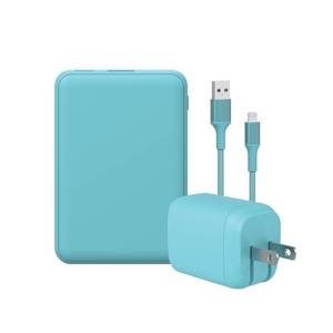 lot 34524 image: GEMS USB-A to Lightning Charging Gift Set with 5000MmAh Power Bank, Cable, and Wall Charger - Teal Blue