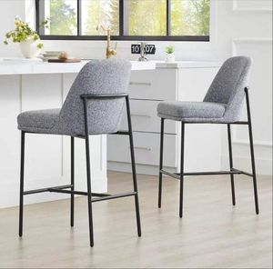 lot 35084 image: Modern Counter Height Bar Stool Set of 2, 27 inch Counter Stool with Back & Metal Legs, Fabric in Gray - Retail $300