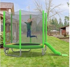 lot 35085 image: 7ft Trampoline For Kids With Safety Enclosure Net Slide And Ladder Easy Assembly Regular Hexagon Outdoor Recreational Trampoline - Retail $273