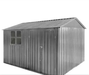 lot 35089 image: 10 ft. W x 8 ft. D Metal Garden Sheds for Outdoor Storage with Double Door and Window in Gray (80 sq. ft.) - Retail $766