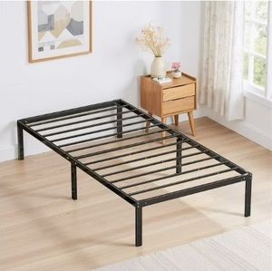 lot 35092 image: Twin Size 14 Height Metal Platform Bed Frame with Steel Slat Support, No Box Spring Required, Under-Bed Storage, Easy Assembly, Black - Retail $50