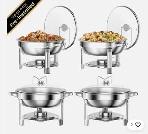 lot 35096 image: Chafing Dish Buffet Set 4 Pack TINANA 5QT Stainless Steel Chafing Dishes for Buffet with Glass Lid & Lid Holder, Round Chafers and Buffet Warmers Sets for Parties, Events, Wedding, Camping, Dinner - Retail $86