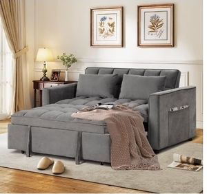 lot 35102 image: Modern Convertible Sofa Bed with Pull Out Bed, Velvet Convertible Sofa Bed with Adjustable Backrest, Folding Pillows and Side Pockets, Upholstered Sofa Chair for Living Room Office, black - Retail $200