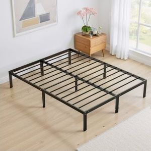 lot 35104 image: Full Size 14 Height Metal Platform Bed Frame with Steel Slat Support, No Box Spring Required, Under-Bed Storage, Easy Assembly, Black - Retail $50