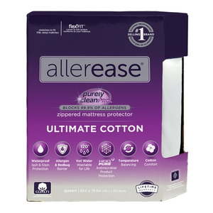 lot 35109 image: Allerease Queen Ultimate Cotton Waterproof Allergen and Bedbug Barrier Zippered Mattress Protector Hypoallergenic Encasement