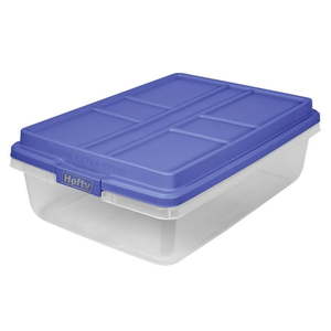 lot 35110 image: Hefty 40 Quart Clear Latched Storage Bin with HI-RISE Blue Lid