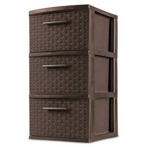 lot 35111 image: Sterilite 3 Drawer Tower  Slim Plastic Weave 3 Drawer Tower with Pull Handles  Brown