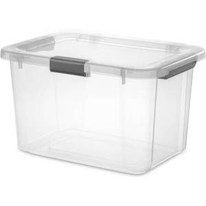 lot 35114 image: Sterilite 30qt Hinged Lid Latch Box Plastic Storage Tote with Built-In Handles, Stackable, Universal Storage - Retail $71