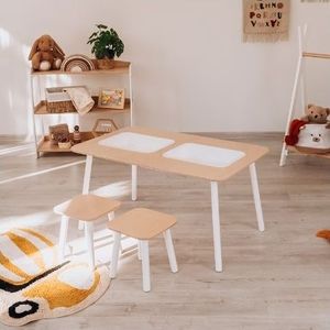 lot 35127 image: WoodandHearts 3-piece Sorter Table and Stool set for Toddlers, White and Natural wood