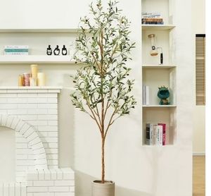 lot 35138 image: 7 ft Artificial Olive Plants with Realistic Leaves and Natural Trunk, Silk Fake Olive Tree in Black Plastic Pot, Faux Olive Tree for Office Home