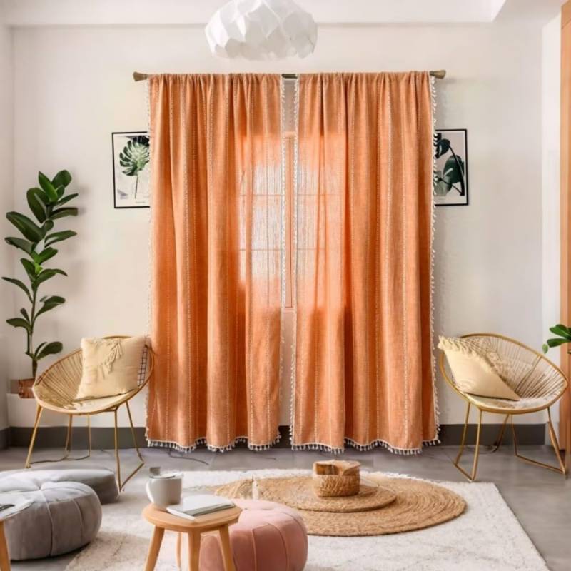 lot 10161 image: Amidoudou 1 Pair Striped Boho Curtain for Living Room Bedroom Farmhouse Window Tassel Curtain (Light Pink,54x84 Inch) APPEARS MORE PINK THAN PHOTOS