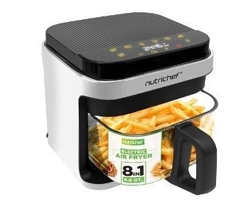 lot 6030 image: Nutrichef 5.5 Quart Air Fryer  8-1 Preset Cook Modes  Transparent Fry Bowl -White  (MISSING PARTS)- Retail $85