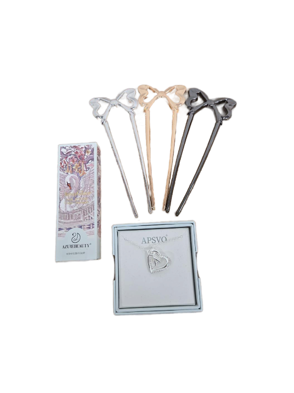 lot 7701 image: BEAUTY ACCESSORIES BUNDLE- APSVO Heart Letter A Necklace, Azurebeauty Green Nail Polish, and Hair Clips Set