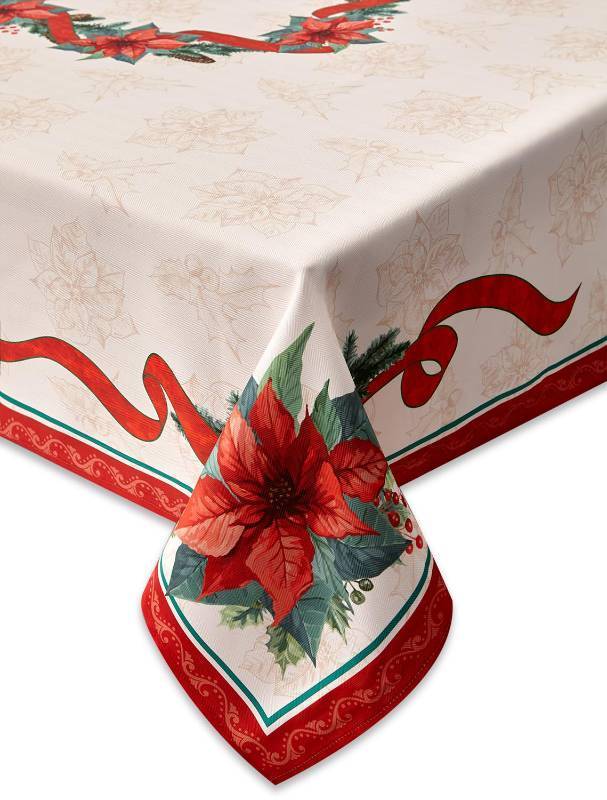 lot 32224 image: 2 Count of Poinsettia Ribbon Engineered Printed Fabric Christmas Tabletop 52x52