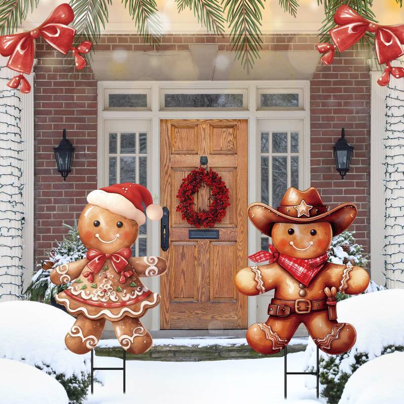 lot 32232 image: 2 Pack Christmas Garden Metal Stakes 28.5 Inch Retro Gingerbread Boy and Girl