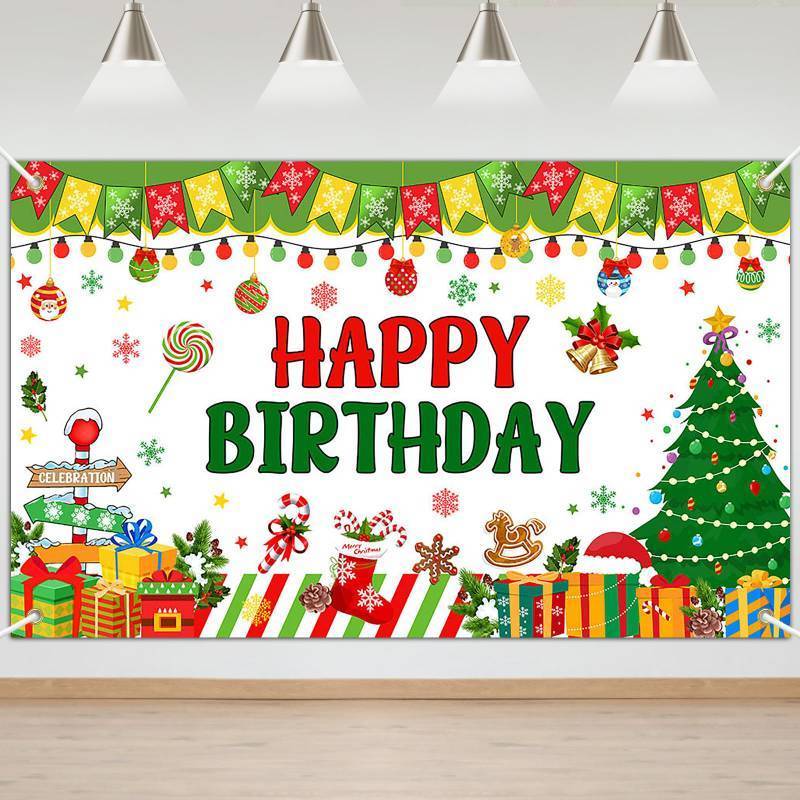 lot 32254 image: 3 Count of Lecheme Christmas Birthday Backdrop 6x4 ft Red Green Christmas Tree Banner