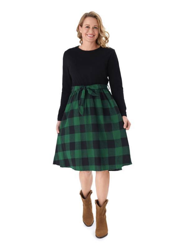 lot 32279 image: Long Sleeve Patchwork Belted Dress and Button Down Plaid Shirts Green Buffalo Plaid Dress for Women- Size S