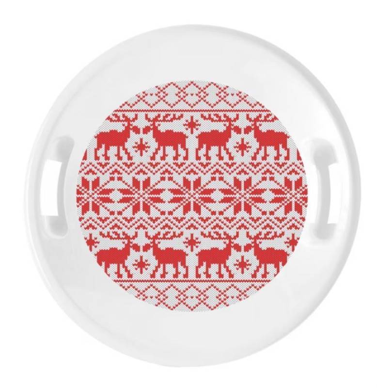 lot 15249 image: White Knit Plastic Snow Saucer, Disc Sleds, Winter Accessories, Ages 3 (Minor cosmetic damage, see photo #5 & #6.)