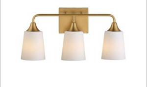 lot 15758 image: Hanaloa Brass Three Light Bathroom Vanity Light Fixture, Aged Brass - Retail $85