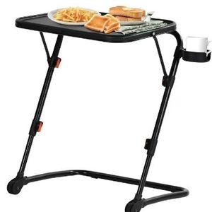 lot 35191 image: Homy Casa Folding TV Tray Table with Cup Holder, Adjustable Snack Table for Bed, Sofa, Couch, Black (Damage-see Pics)