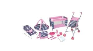 lot 35207 image: Lissi Deluxe Doll Nursery Set - Pink-Blue-Polka Dot - 12pc Play Accessories For Dolls Up To 16, Stroller, Travel Bed, Play Gym, Feeding Toys, Kids 3