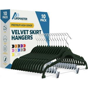 lot 35216 image: Lifemaster Velvet Skirt Hangers With Adjustable Clips  360 Degree Swivel Hook  and Non-Slip Shoulder Notch Holds Up To 10 lbs  For Organizing Skirt  Pants  Dress  and Clothes  Pack of 10  Green