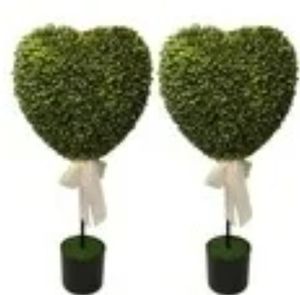 lot 35229 image: 2.5 ft Boxwood Heart Topiary Outdoor, 2 Sets Valentines Day Heart Shaped Topiary Trees, Artificial Decorations Ball Planter Pots with Bow Tie, Faux Fake Mini Greenery Indoor Porch Home Decor - Retail $70